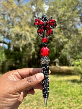 Handcrafted Black Rhinestone Crystal Red Bow /Black & Gold Rhinestone & cup